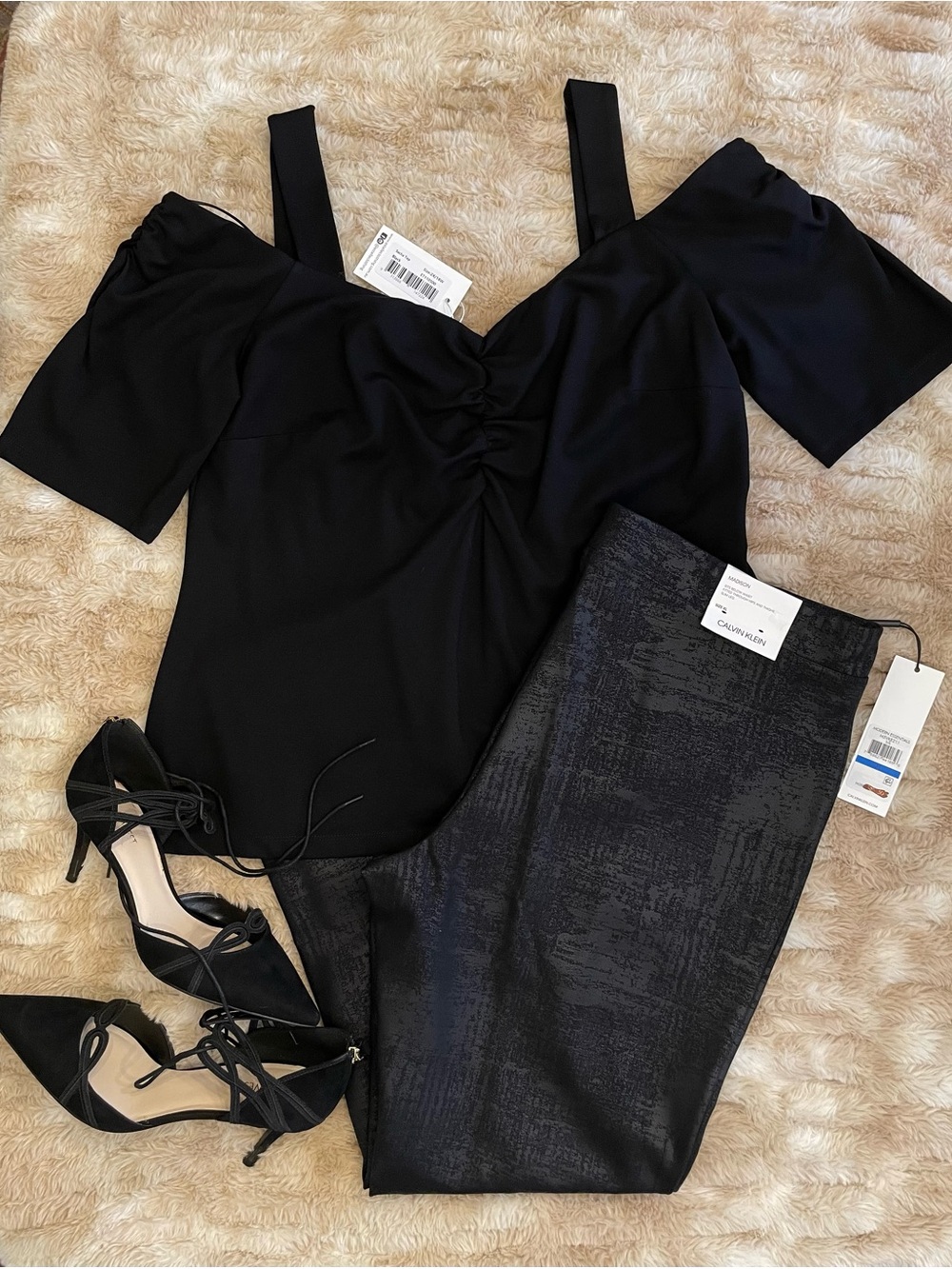 Estelle Open Shoulder Top w Ruching on Bust and Sleeves Black 2X/18W